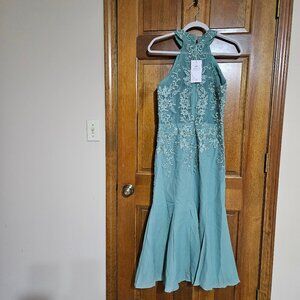 Tea Length Mother Of The Bride Mermaid Evening Dress, Eucalyptus Green, Size 6